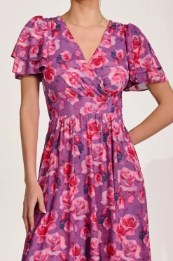 Angel Sleeve Mesh Midi Dress, Purple Floral