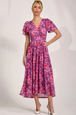 Angel Sleeve Mesh Midi Dress, Purple Floral