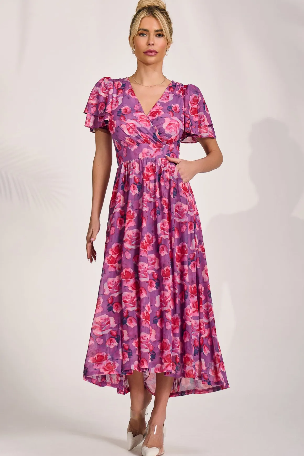 Angel Sleeve Mesh Midi Dress, Purple Floral