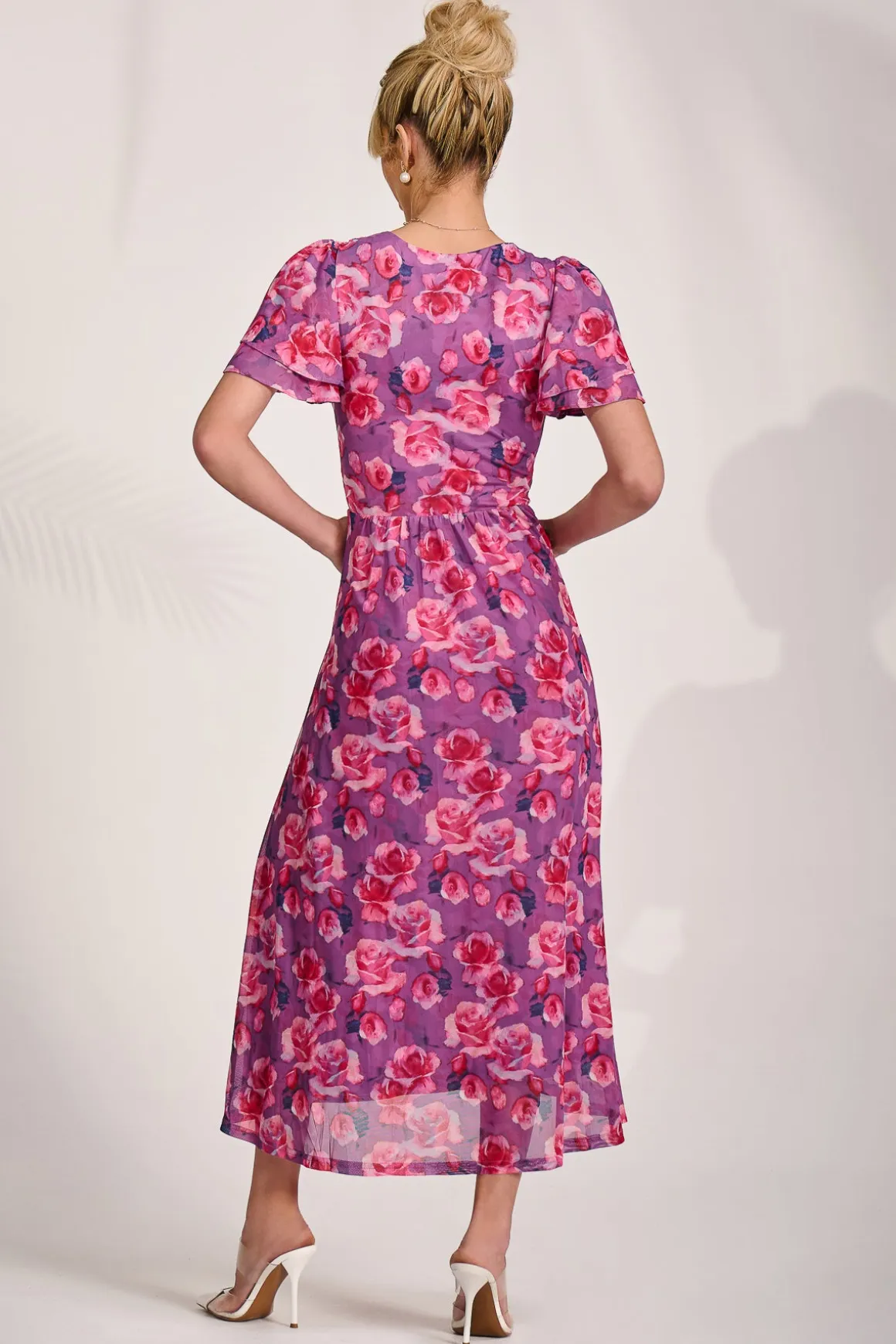 Angel Sleeve Mesh Midi Dress, Purple Floral