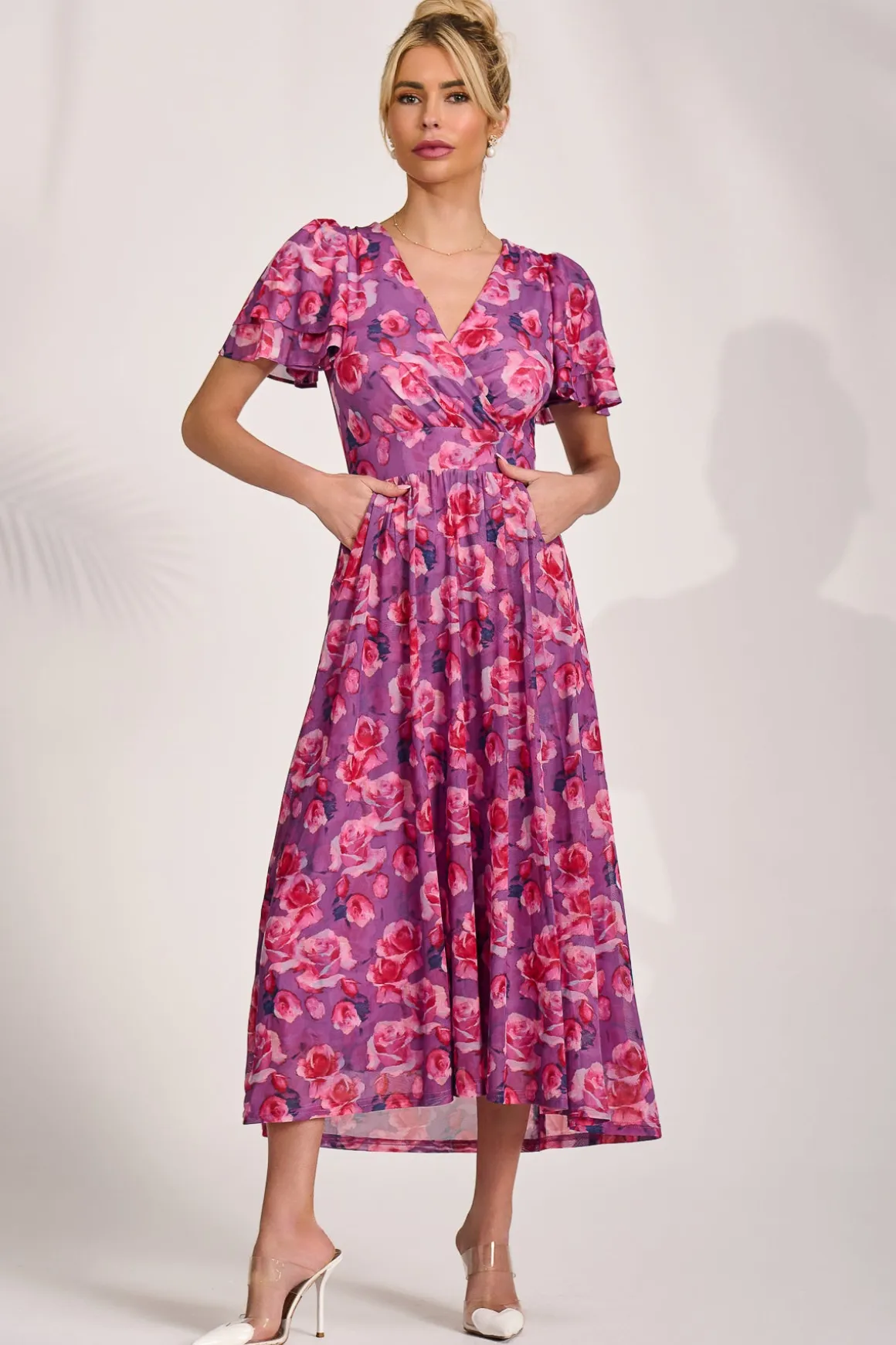 Angel Sleeve Mesh Midi Dress, Purple Floral