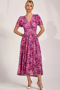 Angel Sleeve Mesh Midi Dress, Purple Floral