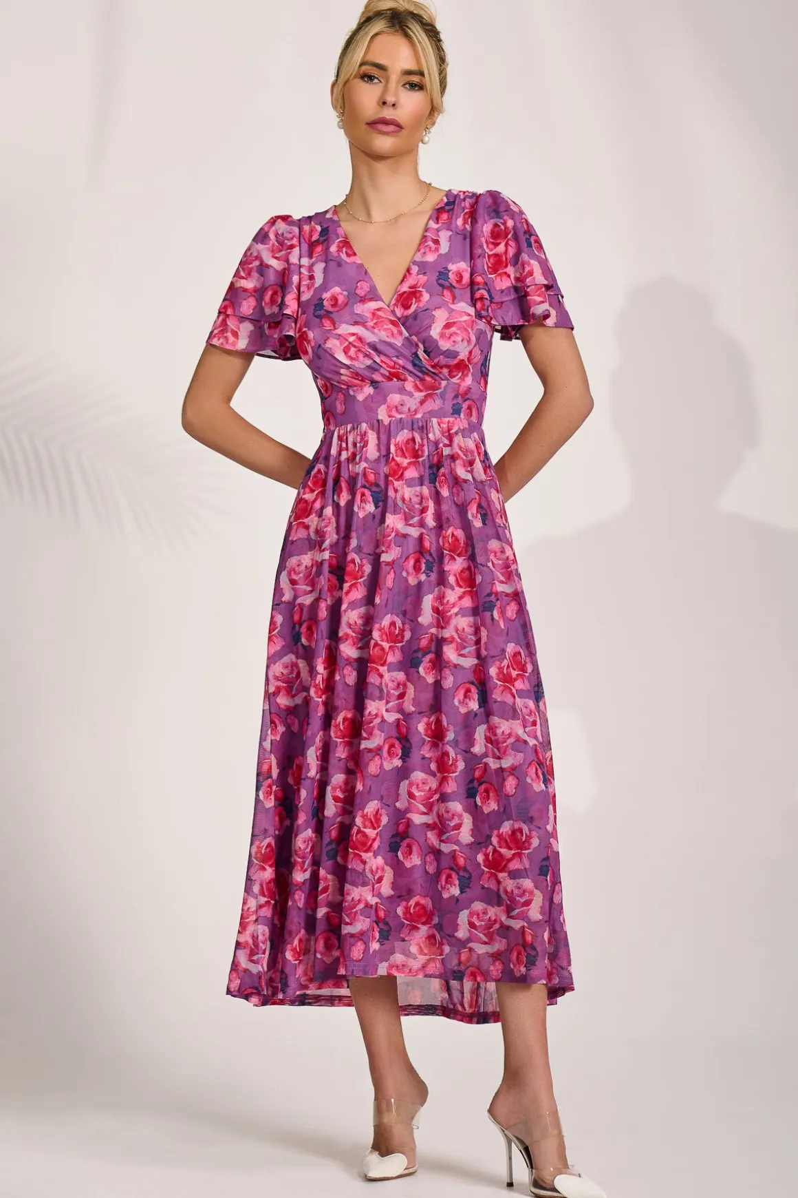 Angel Sleeve Mesh Midi Dress, Purple Floral