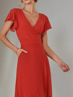 Angel Sleeve Mesh Wrap Maxi Dress, Dark Orange