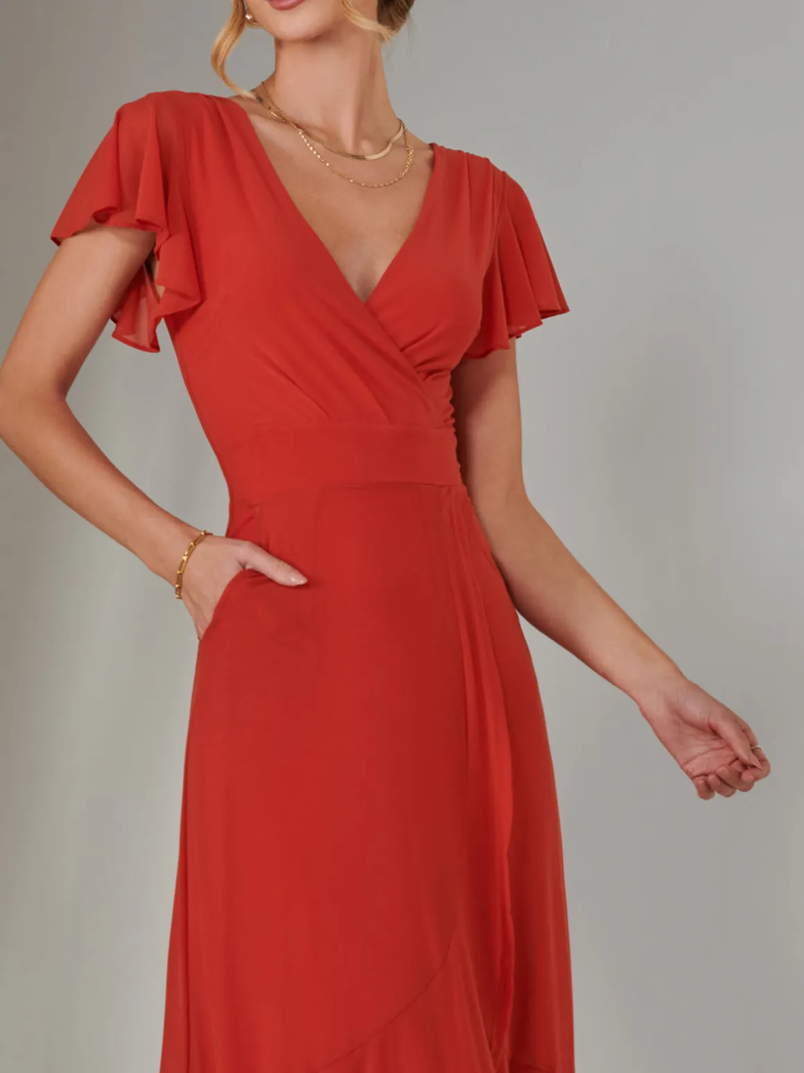 Angel Sleeve Mesh Wrap Maxi Dress, Dark Orange