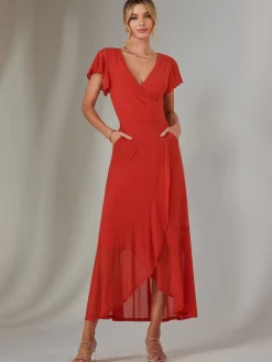 Angel Sleeve Mesh Wrap Maxi Dress, Dark Orange