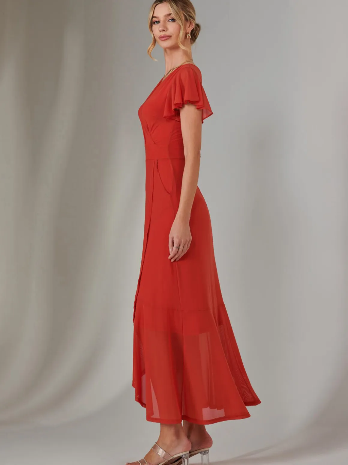 Angel Sleeve Mesh Wrap Maxi Dress, Dark Orange