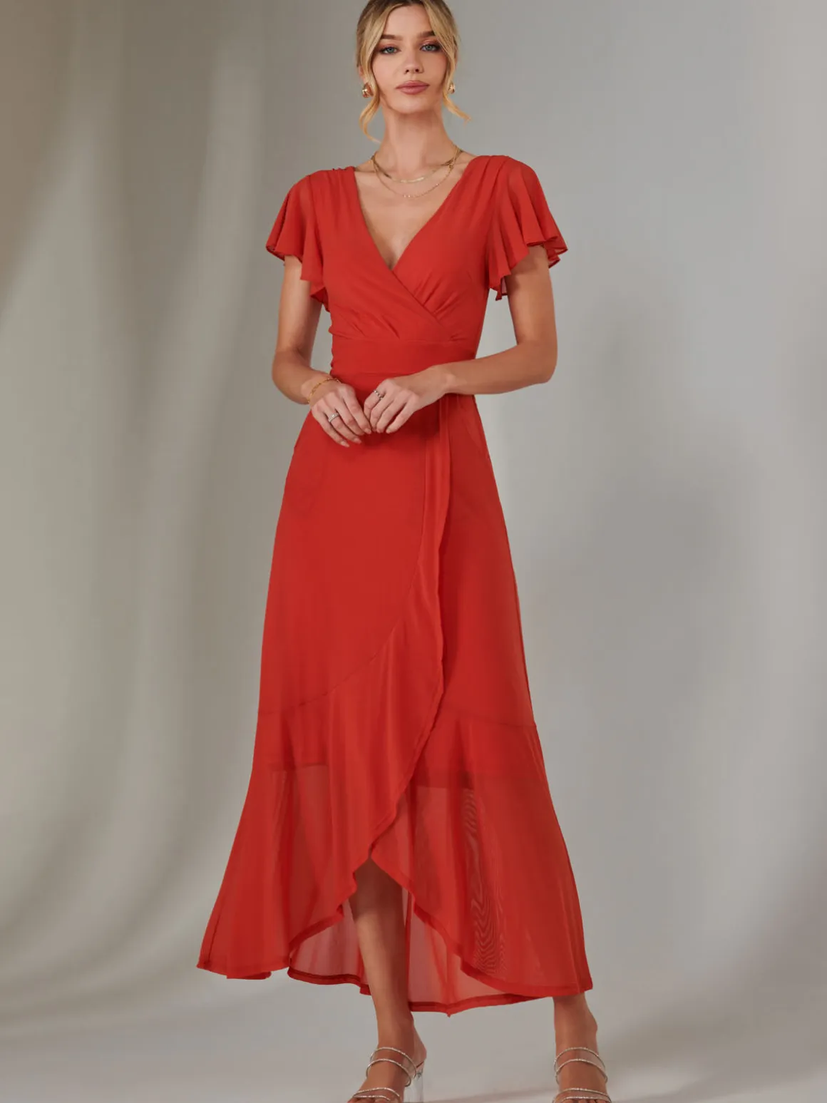 Angel Sleeve Mesh Wrap Maxi Dress, Dark Orange