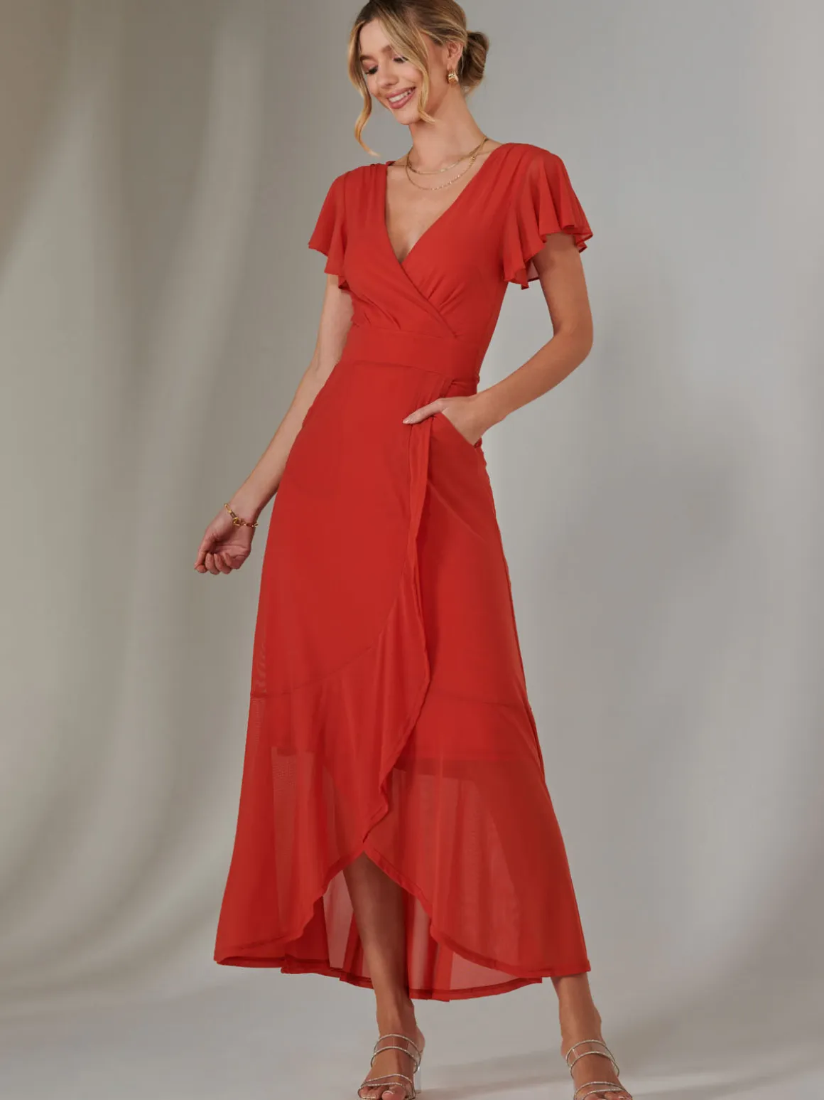 Angel Sleeve Mesh Wrap Maxi Dress, Dark Orange