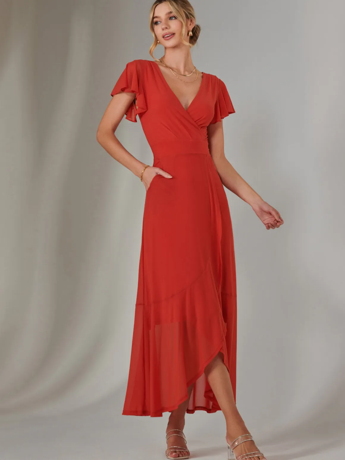 Angel Sleeve Mesh Wrap Maxi Dress, Dark Orange
