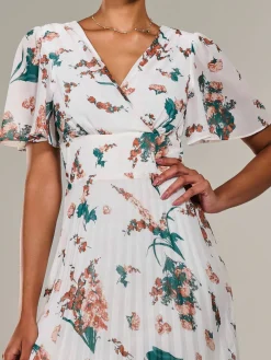 Angel Sleeve Pleated Chiffon Maxi Dress, Beige Floral