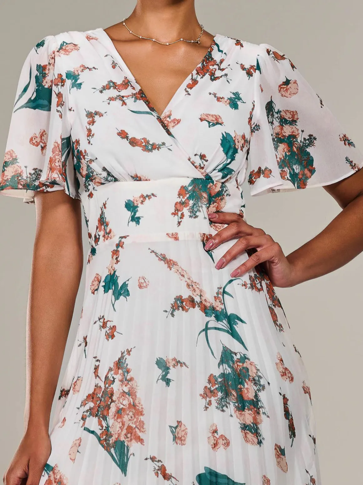 Angel Sleeve Pleated Chiffon Maxi Dress, Beige Floral
