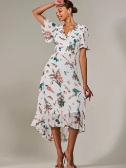 Angel Sleeve Pleated Chiffon Maxi Dress, Beige Floral