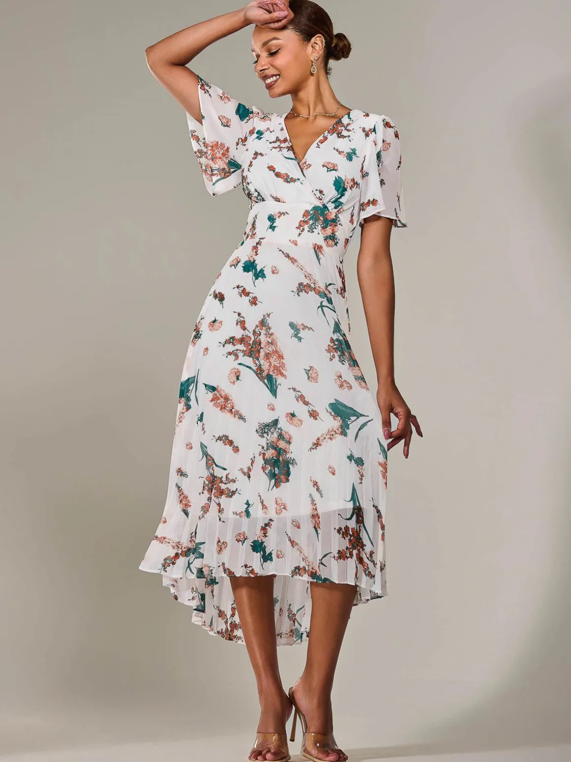 Angel Sleeve Pleated Chiffon Maxi Dress, Beige Floral
