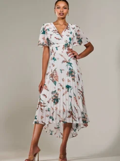 Angel Sleeve Pleated Chiffon Maxi Dress, Beige Floral