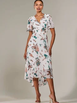 Angel Sleeve Pleated Chiffon Maxi Dress, Beige Floral
