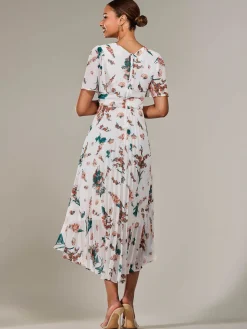 Angel Sleeve Pleated Chiffon Maxi Dress, Beige Floral