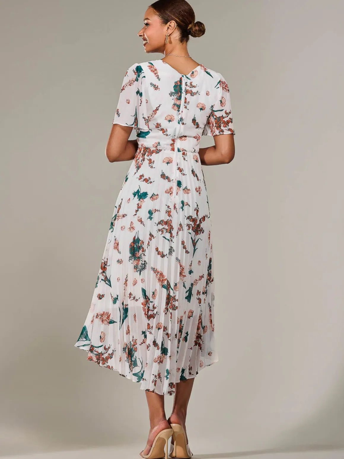 Angel Sleeve Pleated Chiffon Maxi Dress, Beige Floral