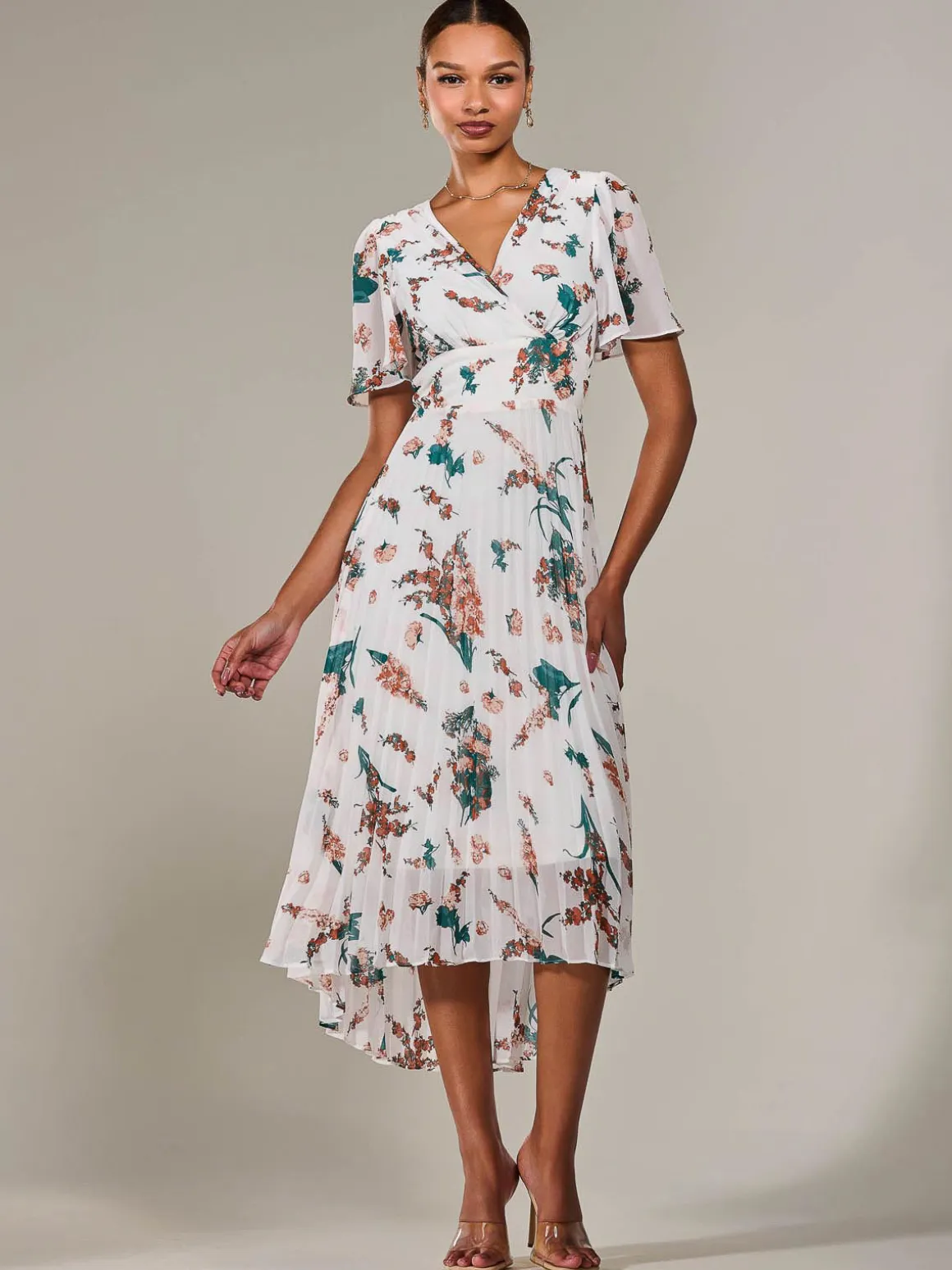 Angel Sleeve Pleated Chiffon Maxi Dress, Beige Floral