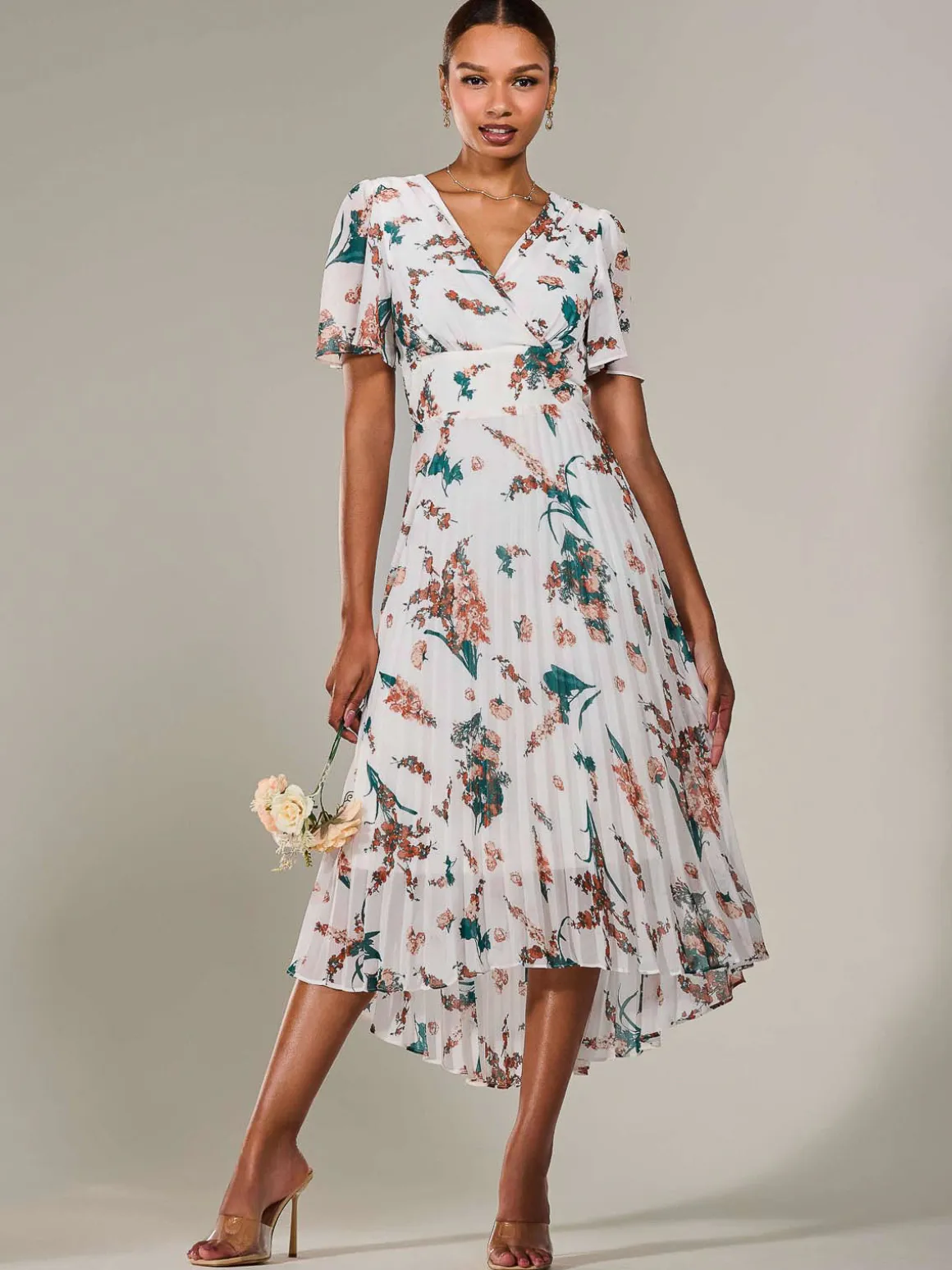 Angel Sleeve Pleated Chiffon Maxi Dress, Beige Floral