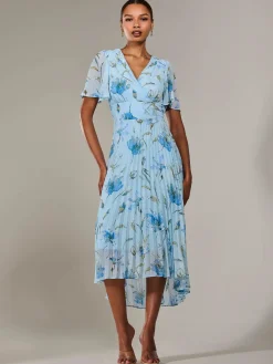 Angel Sleeve Pleated Chiffon Maxi Dress, Blue Floral