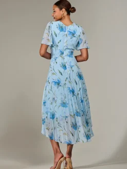 Angel Sleeve Pleated Chiffon Maxi Dress, Blue Floral