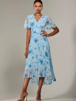 Angel Sleeve Pleated Chiffon Maxi Dress, Blue Floral