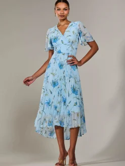 Angel Sleeve Pleated Chiffon Maxi Dress, Blue Floral