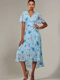 Angel Sleeve Pleated Chiffon Maxi Dress, Blue Floral