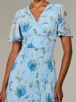 Angel Sleeve Pleated Chiffon Maxi Dress, Blue Floral