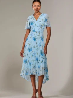 Angel Sleeve Pleated Chiffon Maxi Dress, Blue Floral