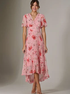 Angel Sleeve Pleated Chiffon Maxi Dress, Coral Pink
