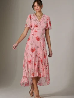 Angel Sleeve Pleated Chiffon Maxi Dress, Coral Pink