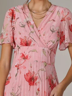 Angel Sleeve Pleated Chiffon Maxi Dress, Coral Pink