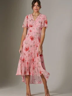 Angel Sleeve Pleated Chiffon Maxi Dress, Coral Pink