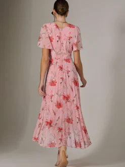 Angel Sleeve Pleated Chiffon Maxi Dress, Coral Pink