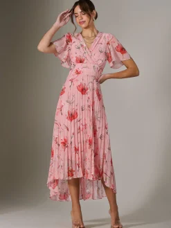 Angel Sleeve Pleated Chiffon Maxi Dress, Coral Pink