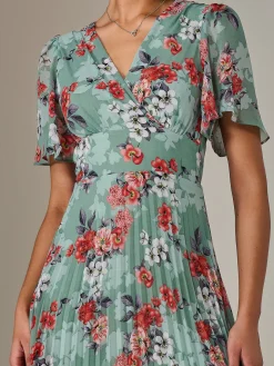 Angel Sleeve Pleated Chiffon Maxi Dress, Green Floral