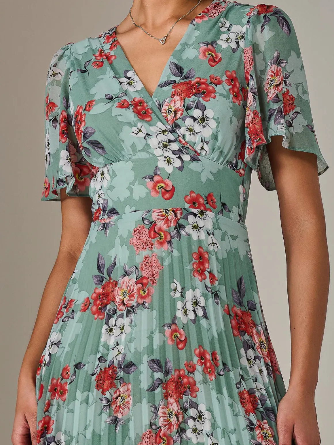 Angel Sleeve Pleated Chiffon Maxi Dress, Green Floral