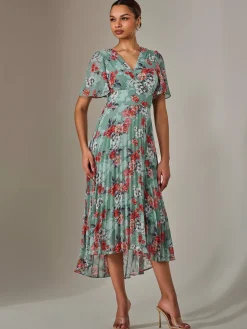 Angel Sleeve Pleated Chiffon Maxi Dress, Green Floral