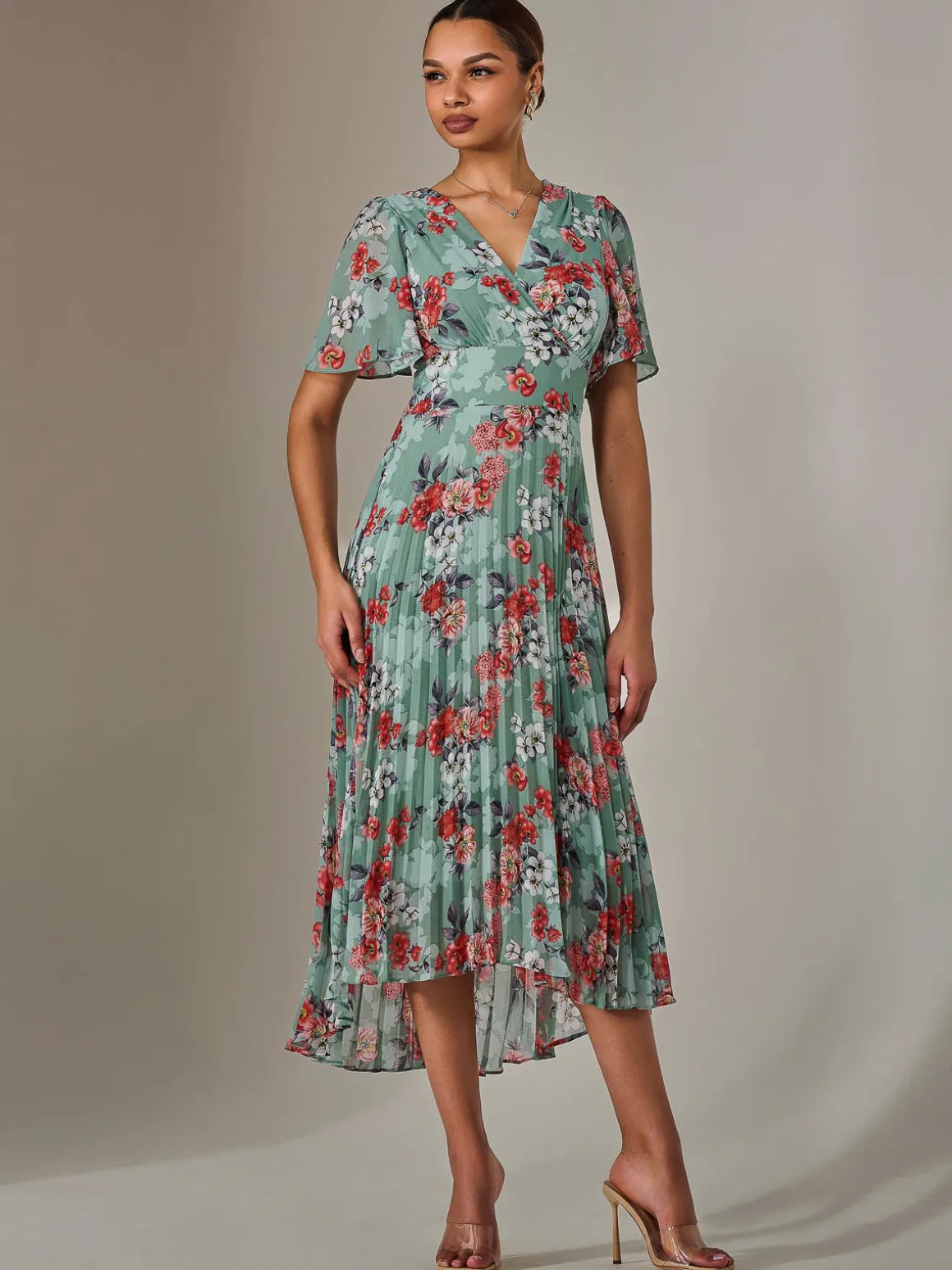 Angel Sleeve Pleated Chiffon Maxi Dress, Green Floral