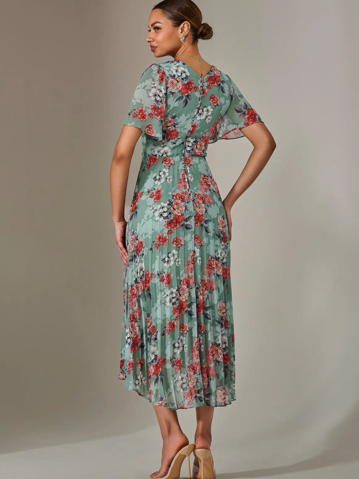 Angel Sleeve Pleated Chiffon Maxi Dress, Green Floral