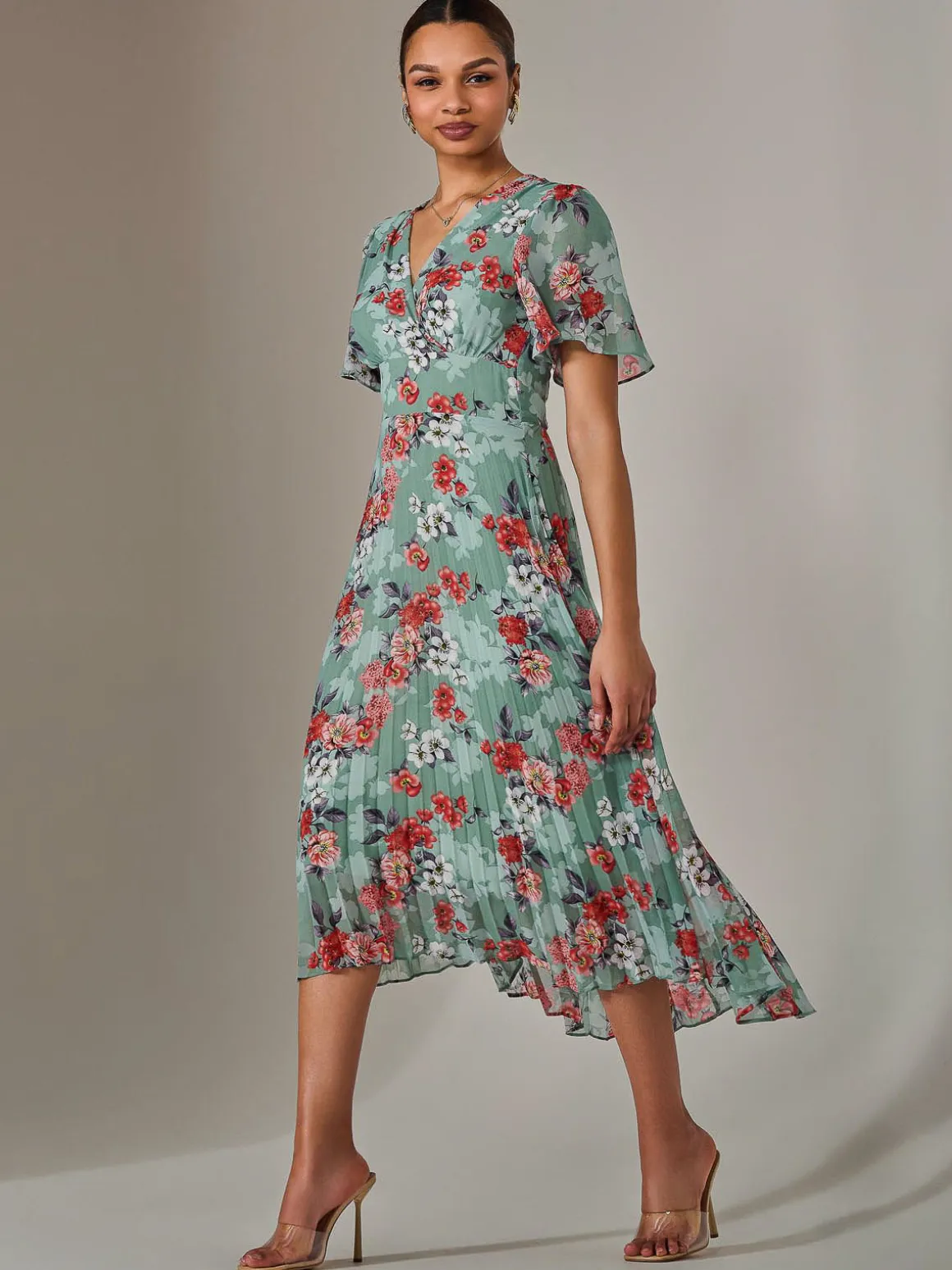 Angel Sleeve Pleated Chiffon Maxi Dress, Green Floral