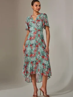 Angel Sleeve Pleated Chiffon Maxi Dress, Green Floral