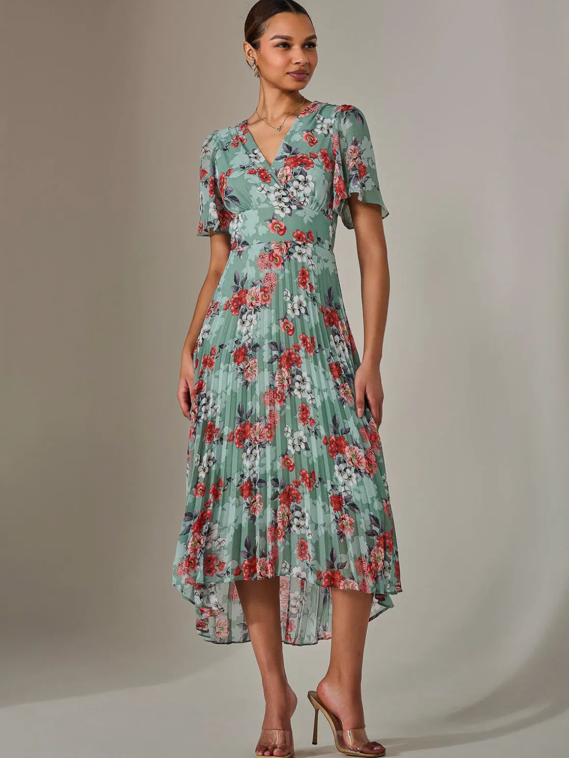 Angel Sleeve Pleated Chiffon Maxi Dress, Green Floral