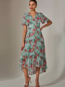 Angel Sleeve Pleated Chiffon Maxi Dress, Green Floral