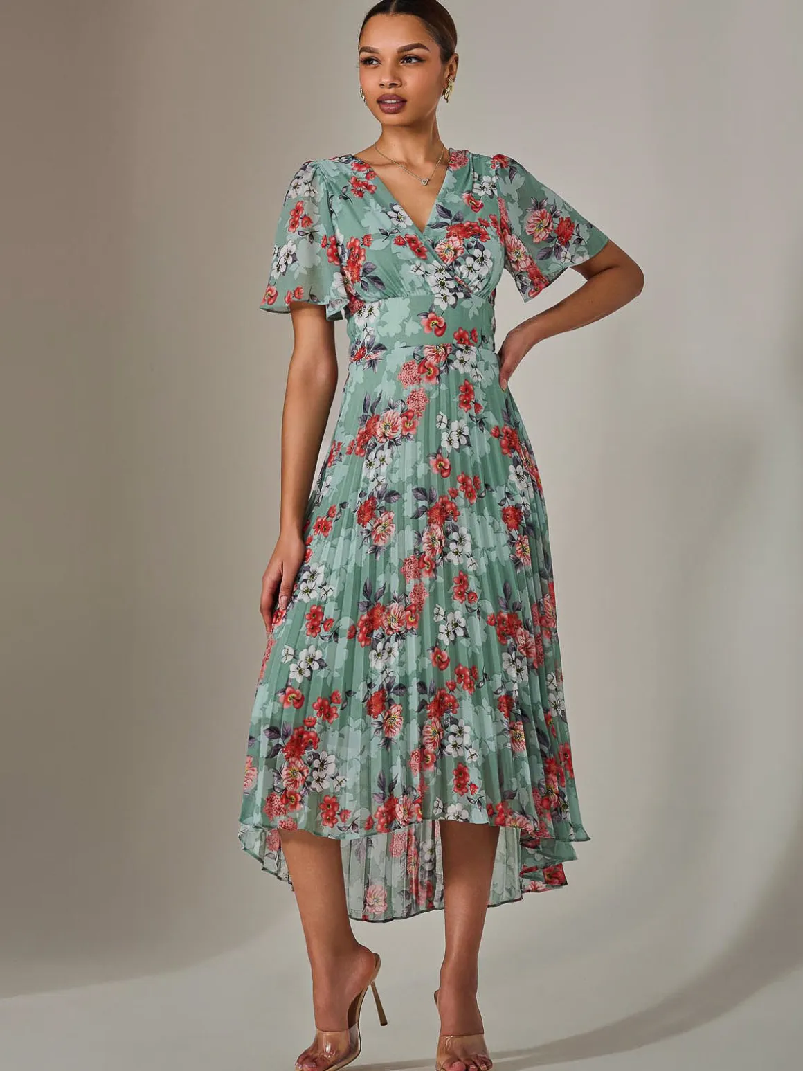 Angel Sleeve Pleated Chiffon Maxi Dress, Green Floral