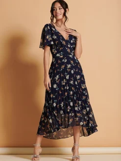Angel Sleeve Pleated Chiffon Maxi Dress, Navy Floral