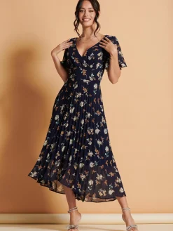 Angel Sleeve Pleated Chiffon Maxi Dress, Navy Floral