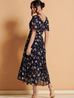 Angel Sleeve Pleated Chiffon Maxi Dress, Navy Floral